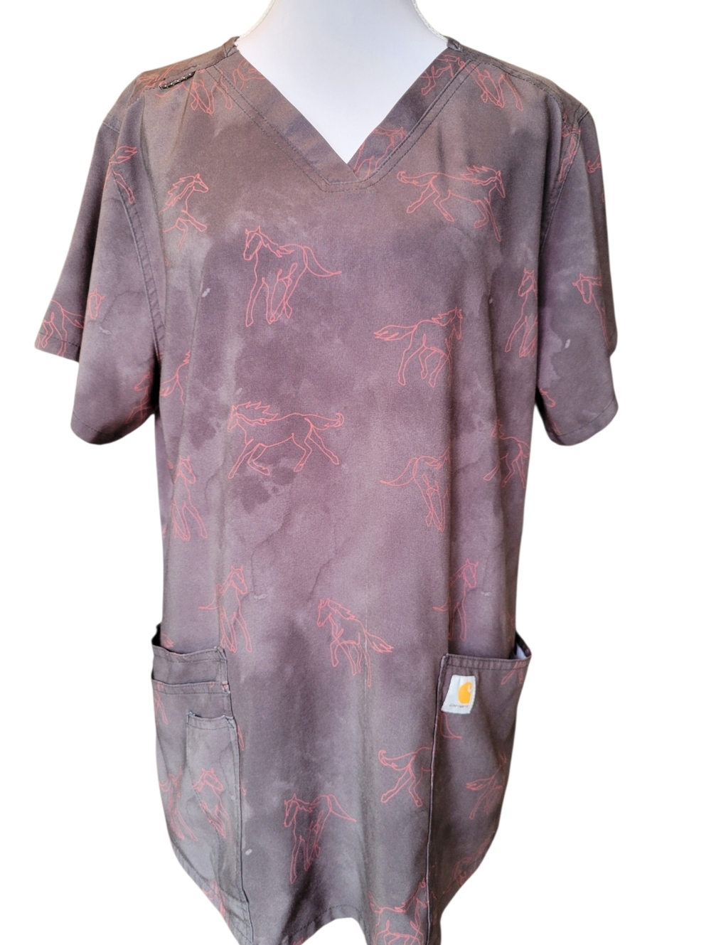 Carhartt Red Gray Wild Horses Print Scrub Top
